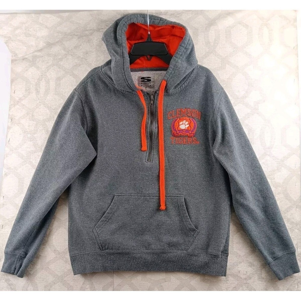 Stadium Athletics Clemson Tigers Men L Gray Orange 1/4 Zip Hoodie Sweatshirt
